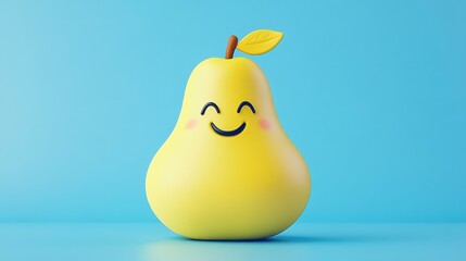 A yellow pear with a smiling face on a blue background