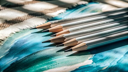 Obraz premium Six elegantly arranged pencils on a light blue background, showcasing simplicity and artistic creativity – perfect for art, design, or office-themed visuals