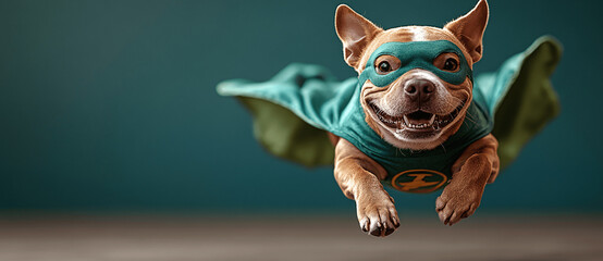 A charming dog, adorned with a pastel green coat and mask, joyfully leaps and soars against a bright green backdrop, creating a lively scene with space for copying, Generative AI.