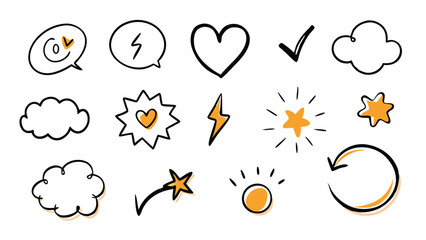 Hand-drawn doodle set of arrows, stars, hearts, and clouds. © ndomble