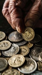 Fototapeta premium An elderly man holds a gold coin over various US coins. The wrinkled hand against the dark background brings nostalgia.