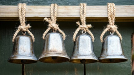 A collection of rustic metal bells tied with jute rope