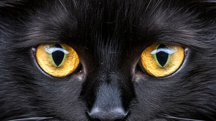 A close-up of a black cat's piercing yellow eyes
