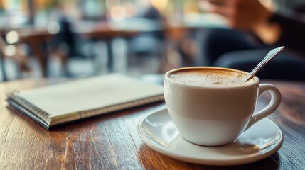 Fototapeta premium A cozy coffee cup sits on a rustic wooden table beside an open notebook in a bustling café during the morning hours