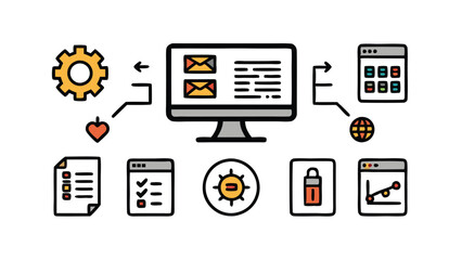 A set of software code icons, hand-drawn in a doodle style with line art and vibrant colors.
