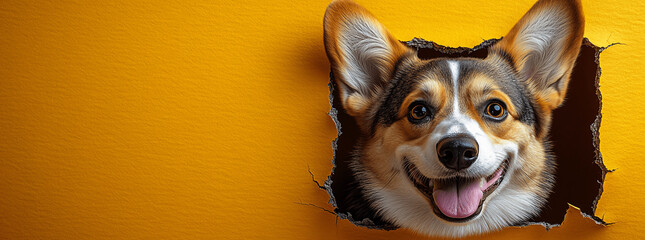 Funny dog tears and crawls out of a yellow  paper background., Generative AI.