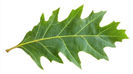 A single oak leaf with its characteristic lobed shape and deep green color