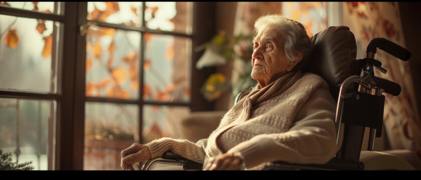 An elderly woman in a wheelchair, alone in a room with fall decorations, gazes at autumn leaves through a large window, creating a tranquil domestic scene.