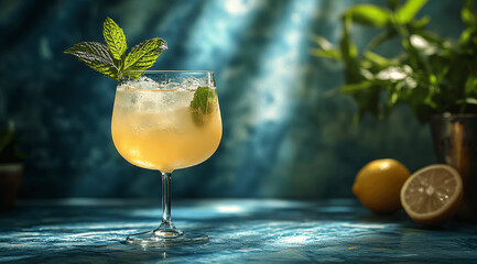 A photo of a yellow cocktail in a coupe glass with a lemon twist, Generative AI.