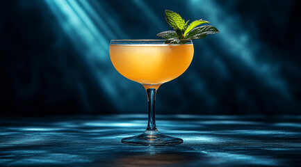 A photo of a yellow cocktail in a coupe glass with a lemon twist, Generative AI.