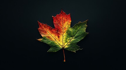 A maple leaf transitioning from green to a vivid red, showcasing its five-pointed shape