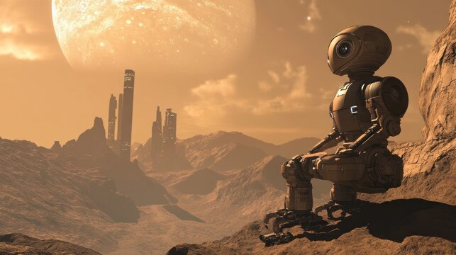 A lone robot on a desolate alien planet