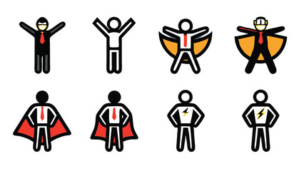 Set of line icons depicting a businessman in different superhero poses, wearing a red tie and cape.