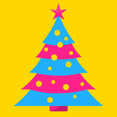 A blue and pink Christmas tree with a star on a yellow background