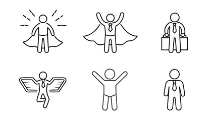 Set of six line icons depicting a businessman in various superhero poses. © ndomble