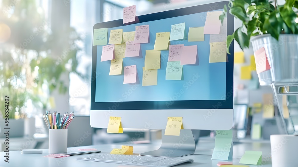 Poster computer monitor covered in colorful sticky notes