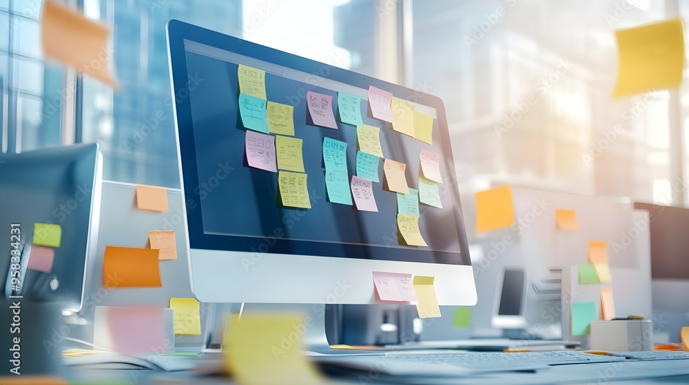 Poster computer monitor covered with colorful sticky notes