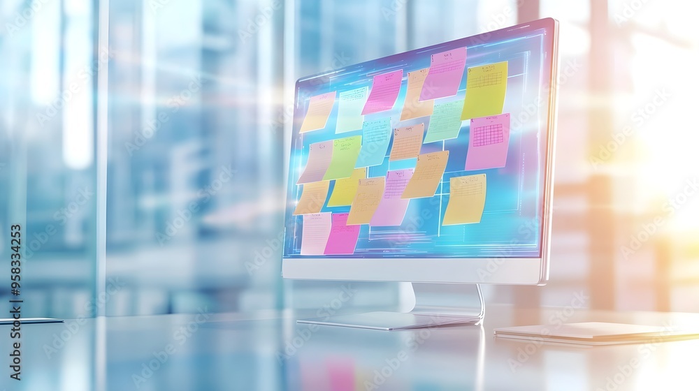 Poster computer monitor with colorful sticky notes on screen