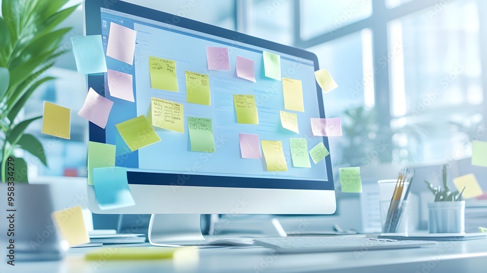 Poster computer screen covered in colorful sticky notes