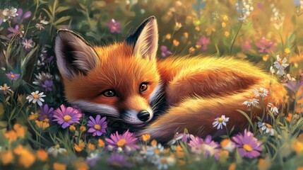 Obraz premium A Red Fox Curled Up in a Field of Flowers