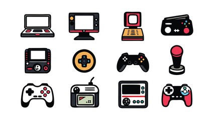 Hand-drawn doodle set of video game consoles and controllers.
