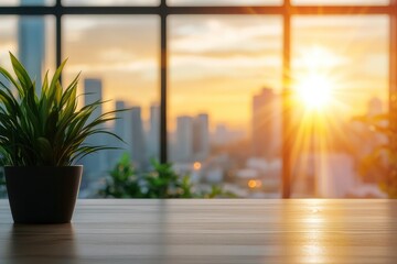 Blur background of office interior with large windows with city urban view, plants, and wooden desks at sunset. Modern workplace and urban greenery concept. Design for poster, wallpaper. Spate, ai