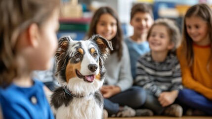 Australian Shepherd dog with children in a classroom setting.