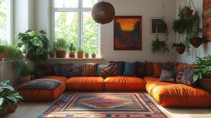 Bohemian-inspired loft living room with a mix of patterns, colorful textiles, and cozy seating, featuring eclectic decor, hanging plants, and a relaxed, welcoming atmosphere under soft,