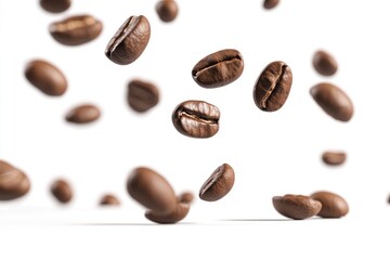 Coffee beans falling in the air isolated on a white background. Coffee beans flying , ai