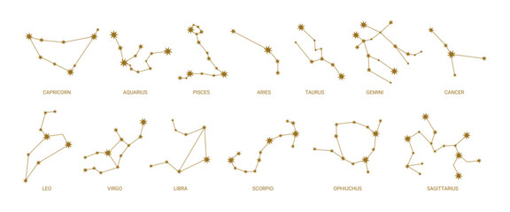 Zodiac constellations. Astrology symbols. Hand drawn twelve horoscope signs. Star constellation and star maps, night sky. Mythical celestial navigation design. Vector set.