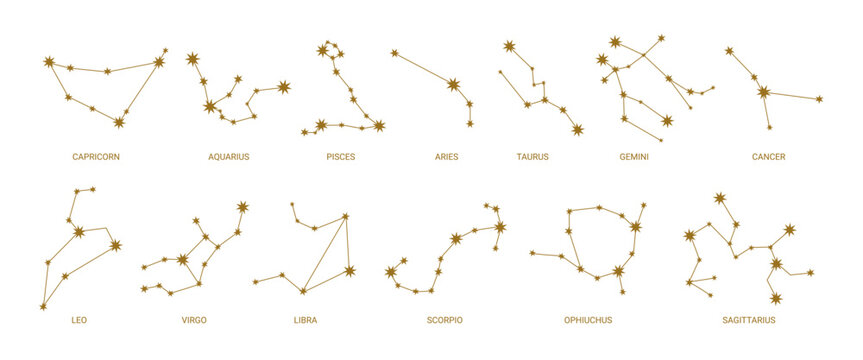 Zodiac constellations. Astrology symbols. Hand drawn twelve horoscope signs. Star constellation and star maps, night sky. Mythical celestial navigation design. Vector set.