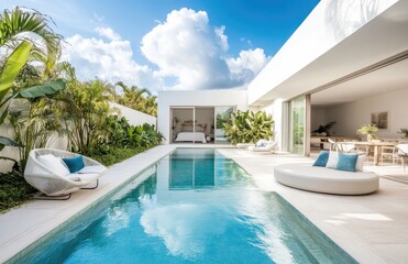 White modern villa with a pool and tropical plants. The modern home interior design features a garden or courtyard. Created with Ai