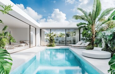 A modern, minimalist villa with a pool and tropical plants. The villa features white concrete, a blue sky, lush greenery, and abundant sunlight.  Created with Ai