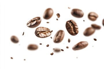 Coffee beans falling in the air isolated on a white background. Coffee beans flying , ai