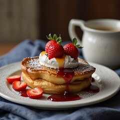Fresh delicious dutch baby pancake with powdered sugar, fresh berries and mint for breakfast