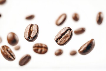 Coffee beans falling in the air isolated on a white background. Coffee beans flying , ai