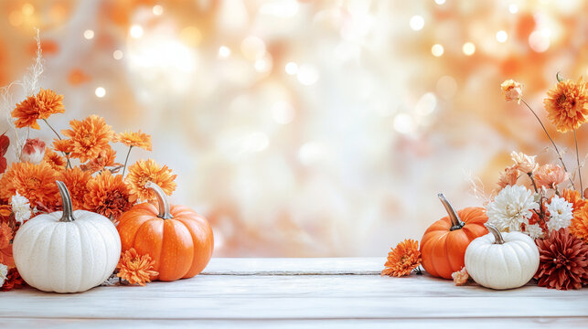 Elegant autumn arrangement featuring white pumpkins and vibrant orange and white flowers on a rustic white wooden table, with a warm, glowing background. Harvest in autumn. Halloween background