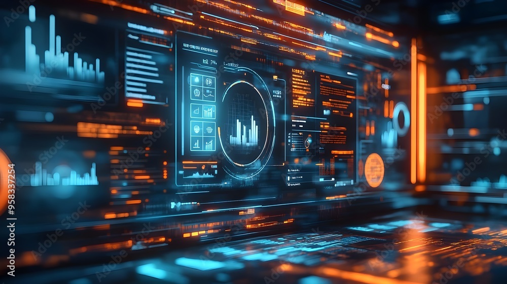 Poster futuristic interface with blue and orange data visualization