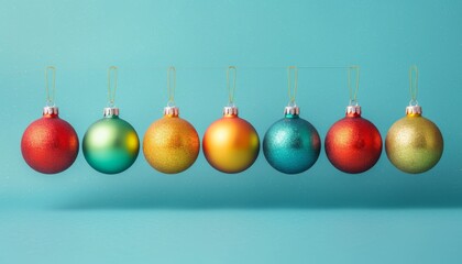 Seven Colorful Christmas Ornaments Hanging in a Row on a Blue Background, Holiday Decoration