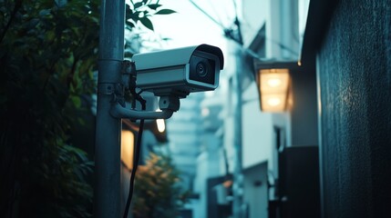 A security camera mounted on a street lamp post in a narrow alleyway.