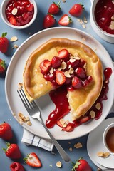 Fresh delicious dutch baby pancake with powdered sugar, fresh berries and mint for breakfast