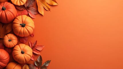 3D Render of Autumn Background with Pumpkins and Leaves on Left Side Ideal for Seasonal and Harvest Designs