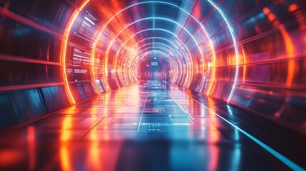 Fototapeta premium Futuristic Tunnel with Neon Lights and Digital Data