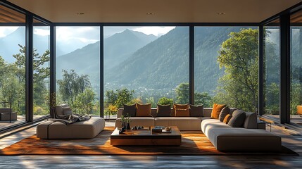 Loft living room with expansive floor-to-ceiling windows overlooking a serene mountain landscape, featuring cozy, modern furniture, a warm color palette, and natural light flooding the space,