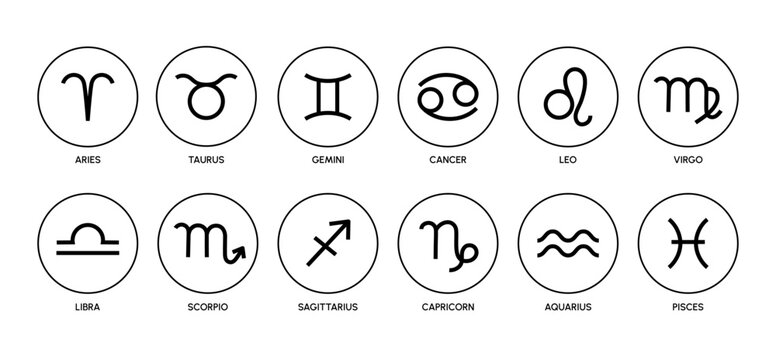 Twelve zodiac signs. Horoscope symbols. Minimalistic astrological mystical icons for spiritual blogs, calendar and zodiac design products. Vector collection.