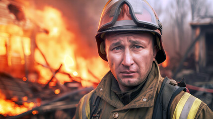 Fototapeta premium Fireman Against the Backdrop of a Burning House