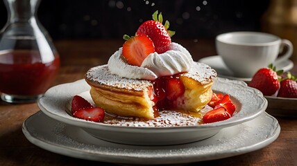 Fresh delicious dutch baby pancake with powdered sugar, fresh berries and mint for breakfast