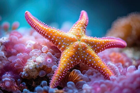 vibrant marine life exotic fromia seastar amid colorful coral reef iridescent hues pop against azure water underwater macro photography in aquarium setting