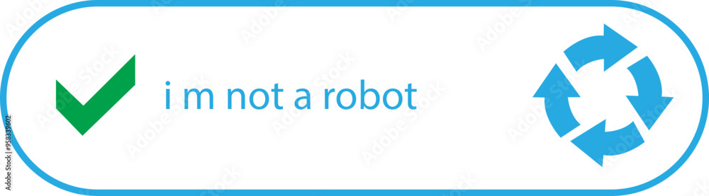 Poster i m not a robot checkbox icon in blue line style. concept technology human check verification hands,
