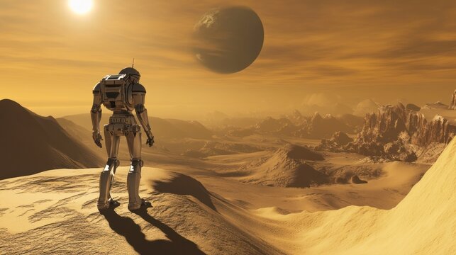 A lone robot stands on a desolate, alien landscape, gazing towards a distant sun and a mysterious planet.